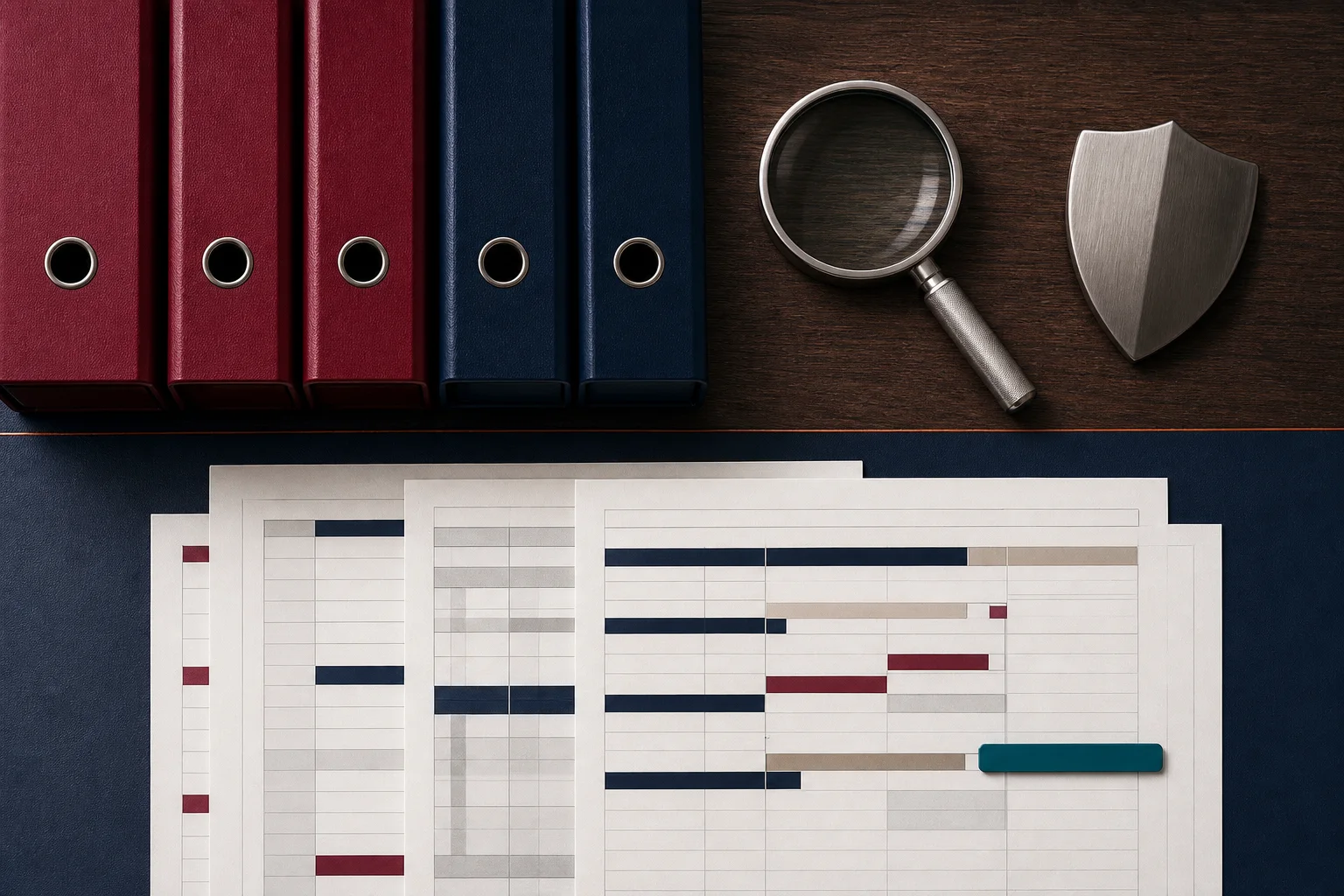 Evidence binders, a magnifying glass and an abstract shield arranged for a control review.