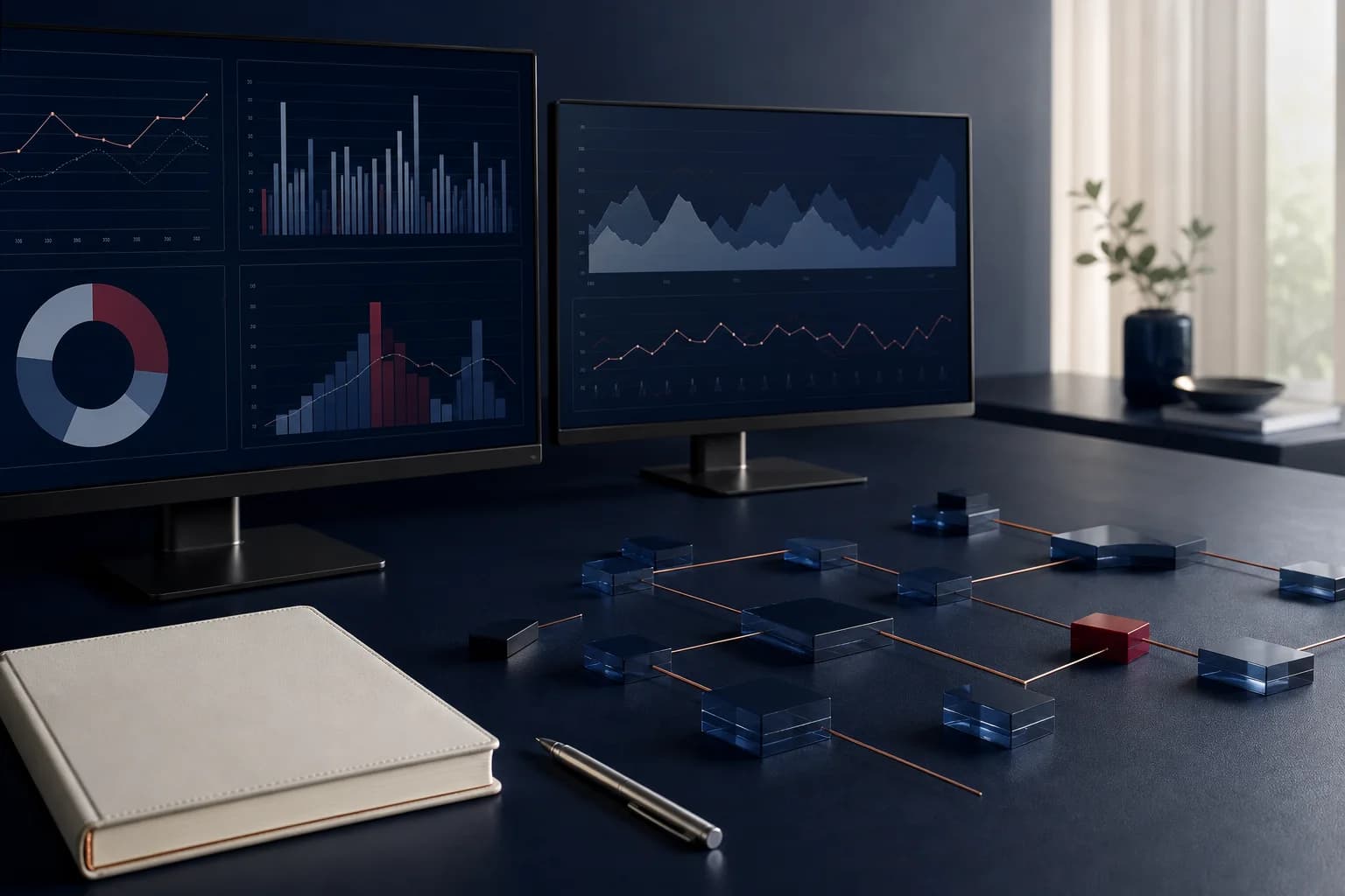Abstract business-intelligence dashboards and interconnected data blocks.