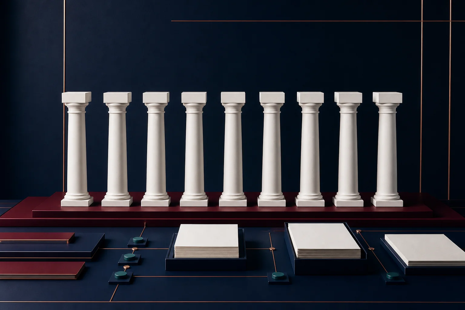Nine architectural pillars with evidence files and verification markers.