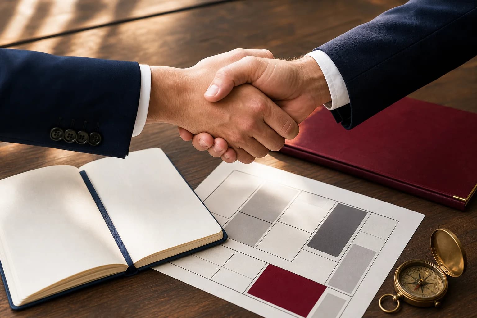 A professional handshake above a structured business-planning workspace.