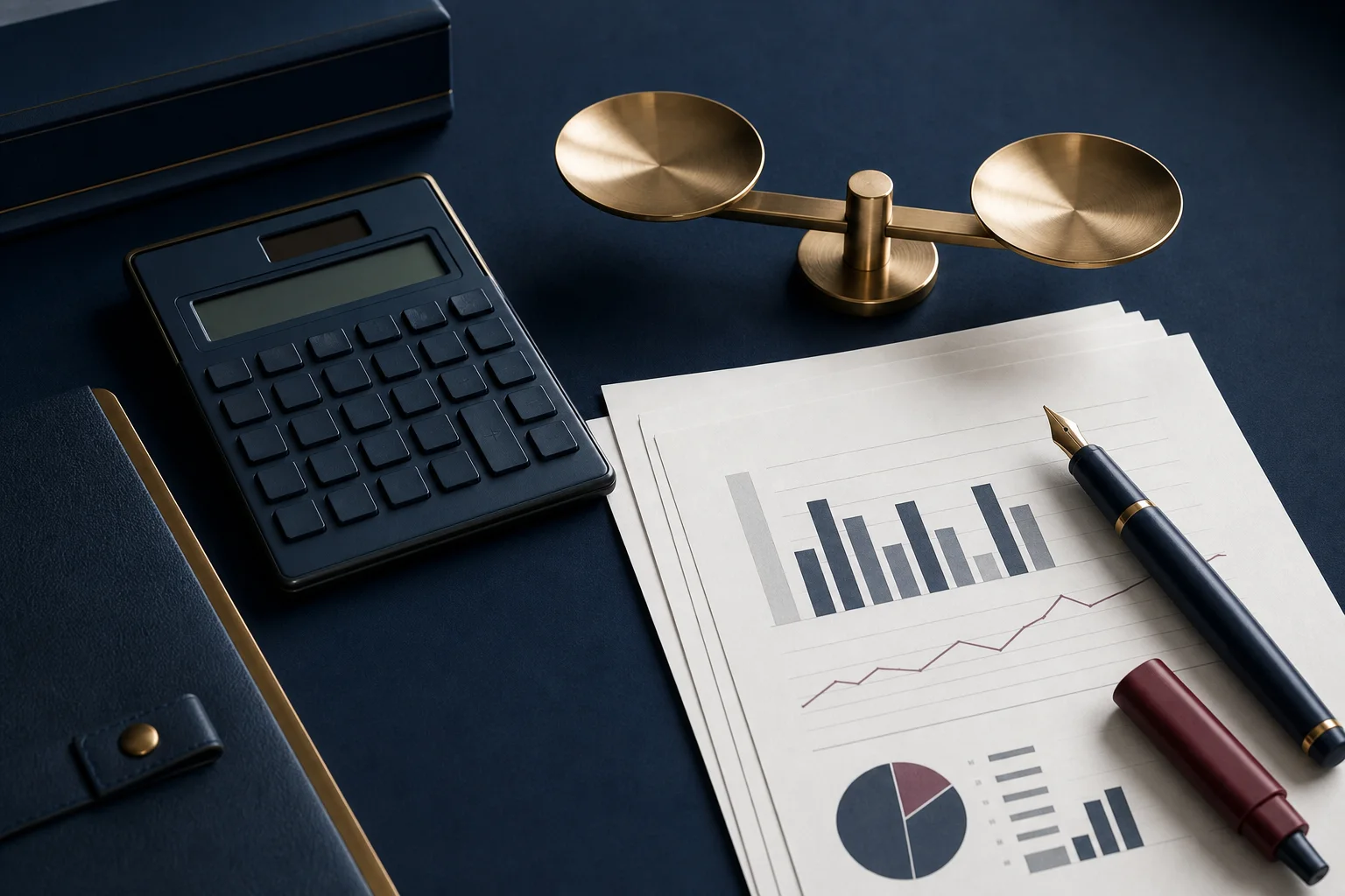 A calculator, balance and abstract financial reports arranged on a navy desk.