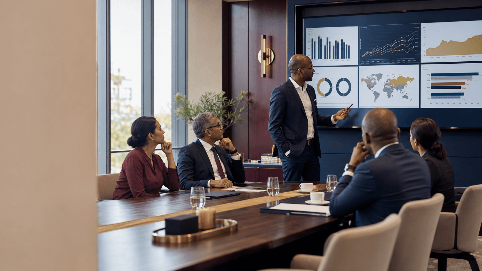 Executive boardroom meeting focused on financial analysis and decision-making.