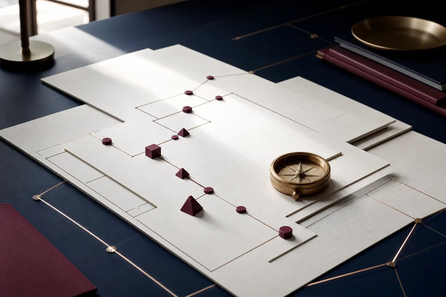Architectural planning planes, a brass compass and interconnected governance markers.
