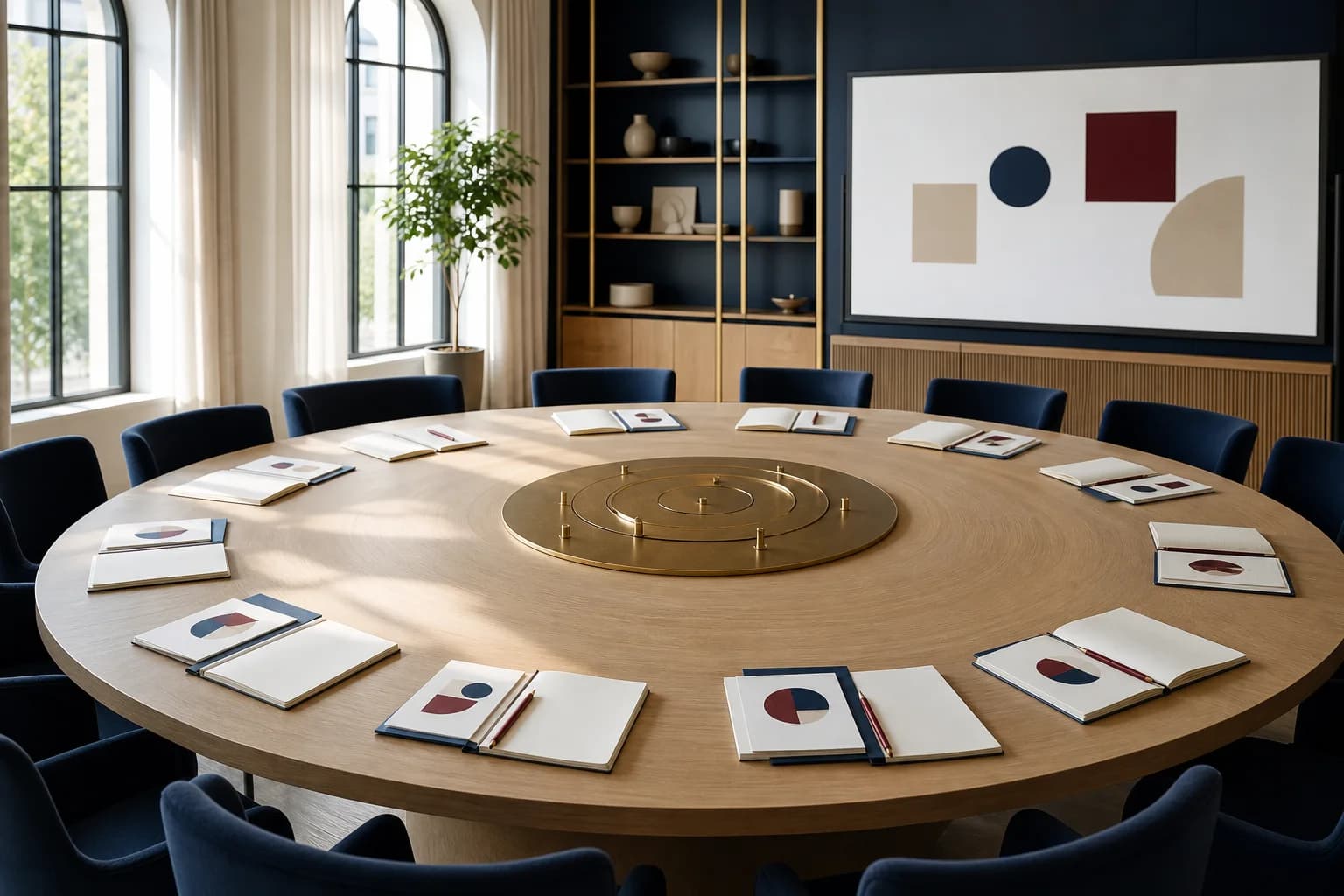 An empty professional workshop prepared with notebooks and learning materials.