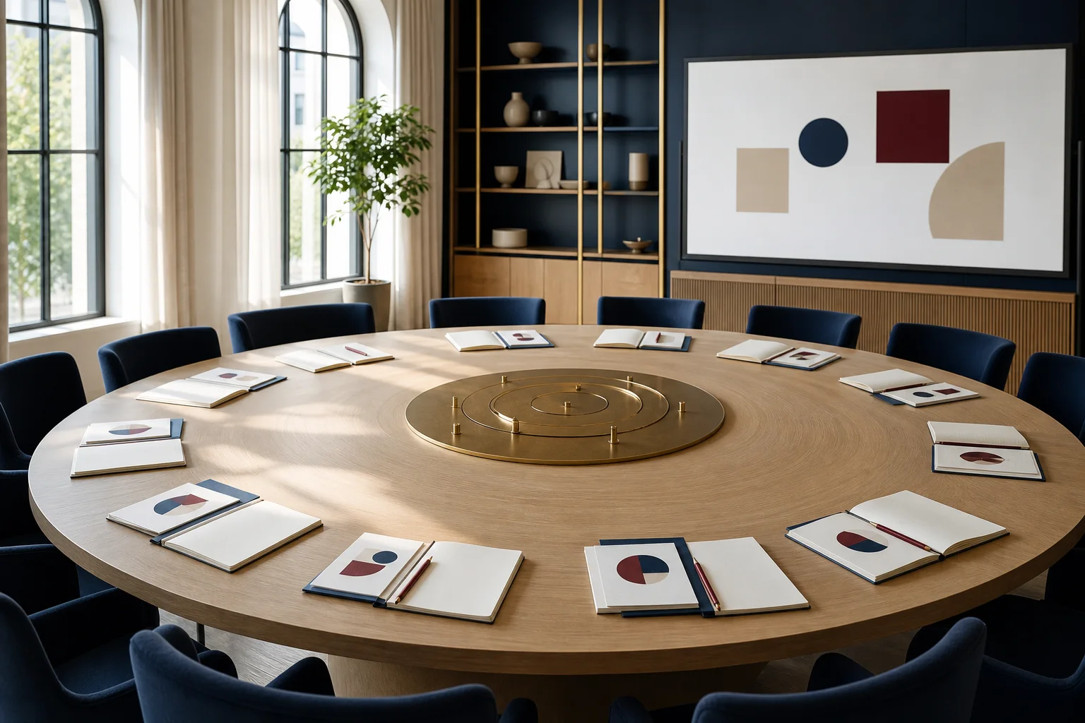 An empty professional workshop prepared with notebooks and learning materials.